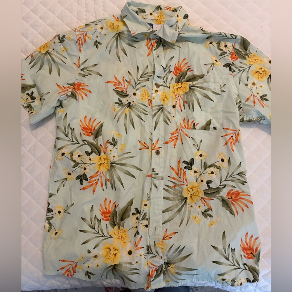 Old Navy Men's Floral Button Down Shirt - Light Blue, Orange, Yellow